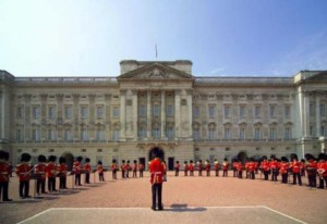 Band performing during The Changing of the Guard ceremony taking place in the courtyard of Buckingham Palace